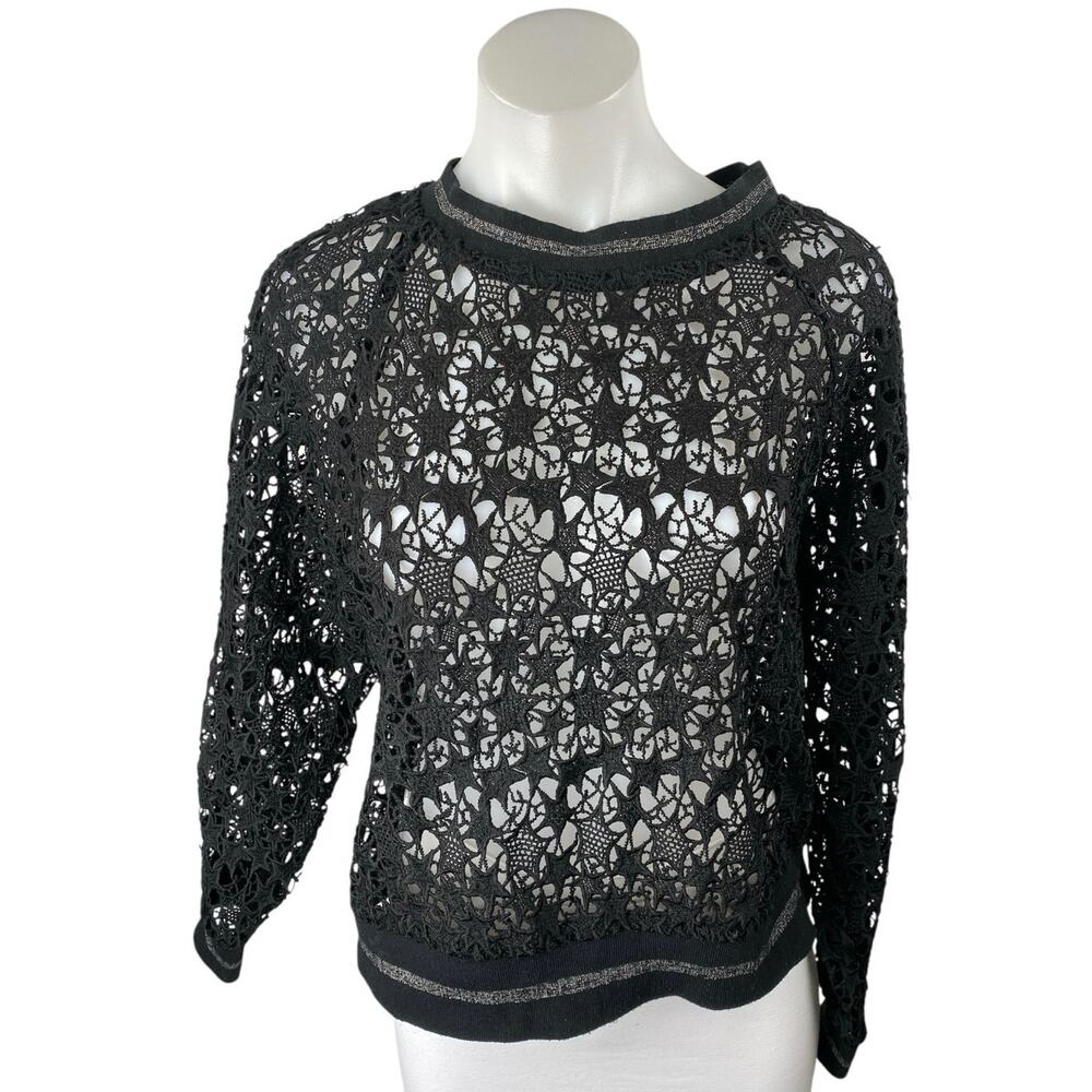Zara Black Long Sleeve Star Open Knit Crochet Crew Neck Sweater Sweatshirt S